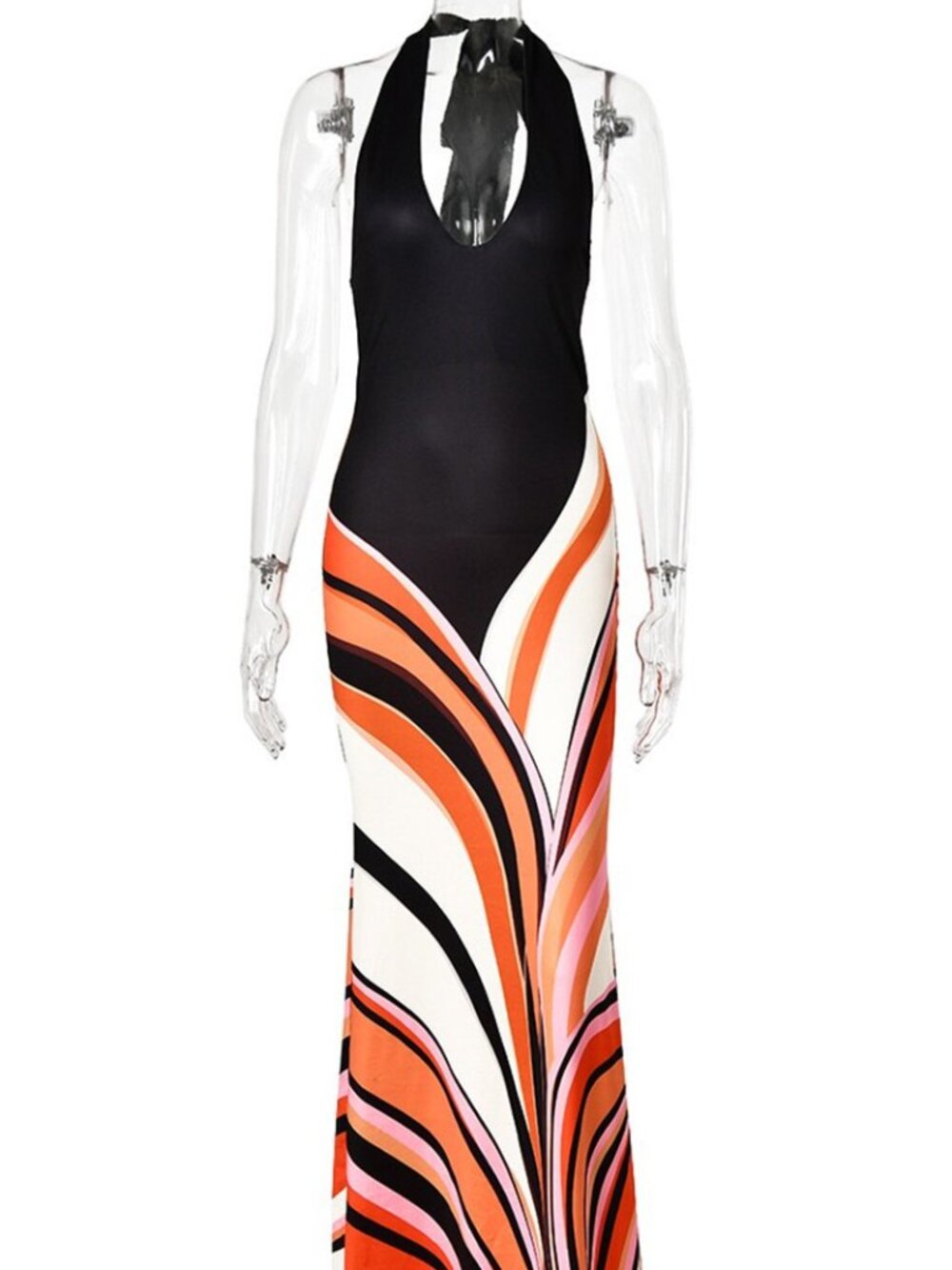 Multi Color Striped Sleeveless Halter Maxi Mermaid Dress - Picture 6 of 7